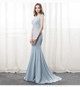 Light Blue Beaded Cap Sleeve Mermaid Prom Dress Evening Gown - FashionByTeresa